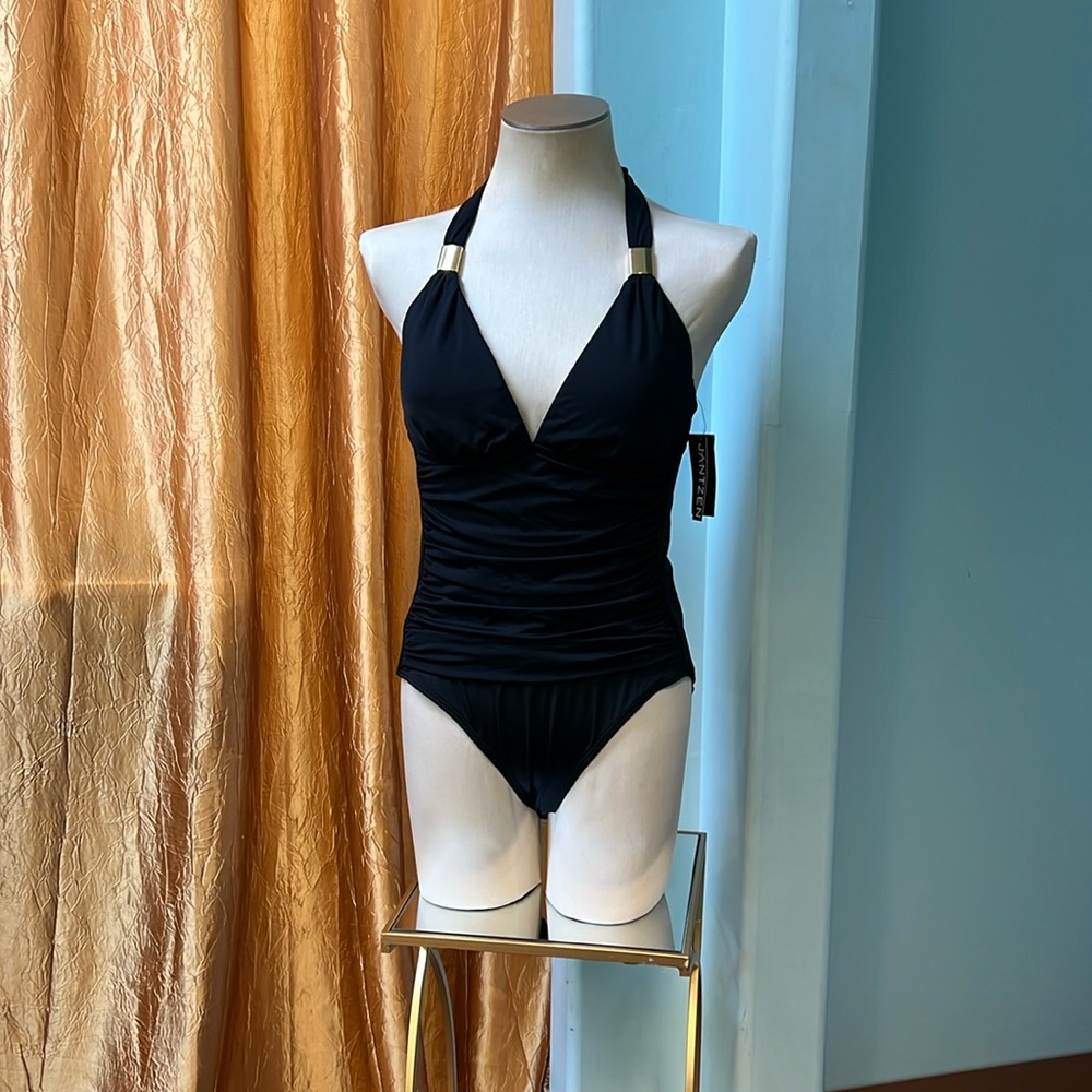 NWT black ruched one piece swimsuit plunge halter. Deep V neckline